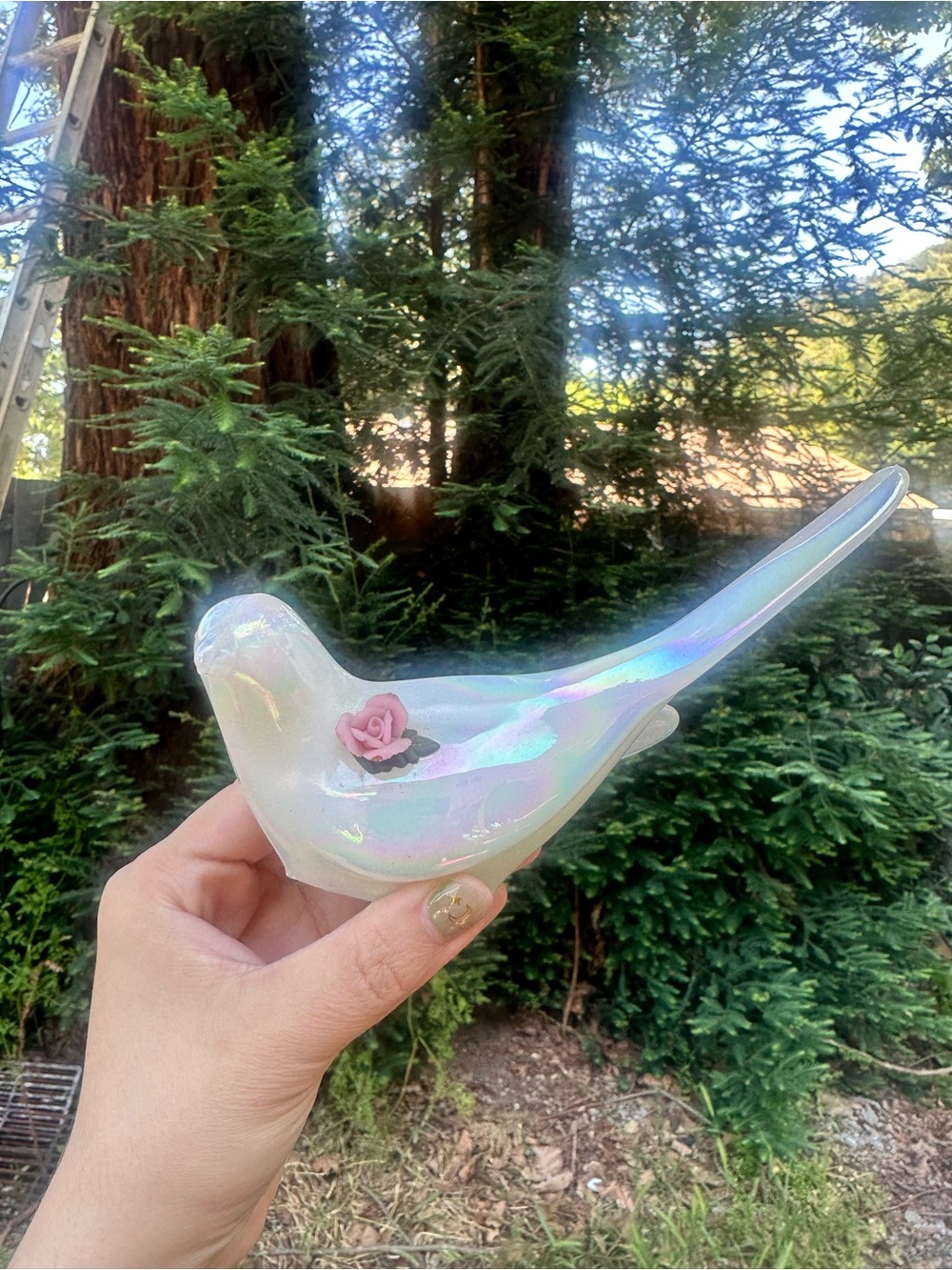 Iridescent Glass Bird Figurine with Pink Rose Accent - Decorative Bird Sculpture